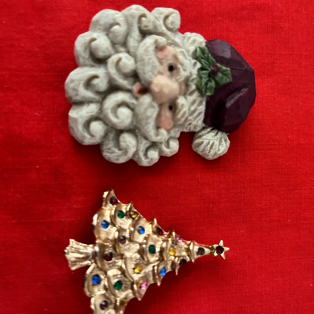 TWO VINTAGE SANTA & TREE PINS